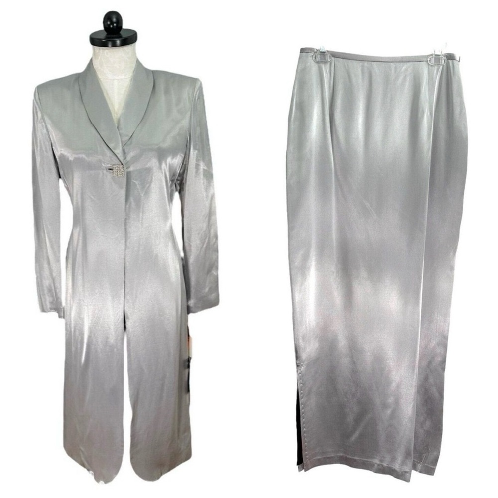 Vintage Criscione New York Silver Long Jacket Skirt Suit Set Womens 8 NWT RARE